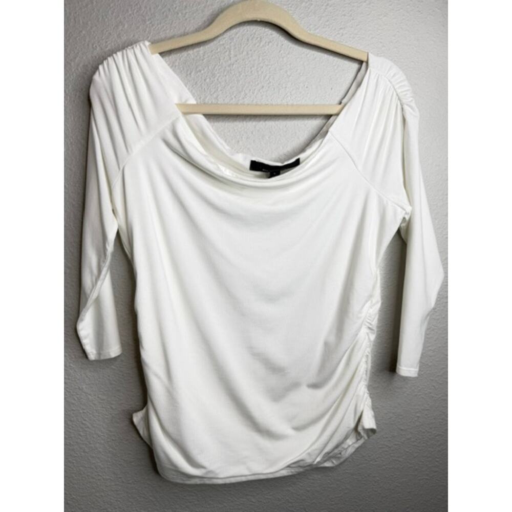 WHBM White House Black Market Cream Ruched Boat Neck Top L Soft Stretch - Picture 2 of 10